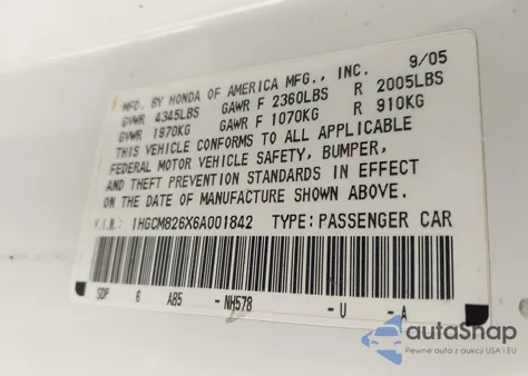 2006 Honda Accord 3.0 Ex из США, поврежденный, VIN 1HGCM826X6A001842